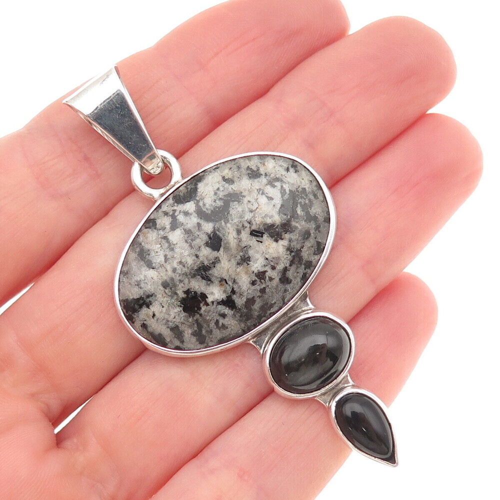 Charles Albert Sterling Silver Vintage Real Zebra Jasper & Black Onyx Pendant
